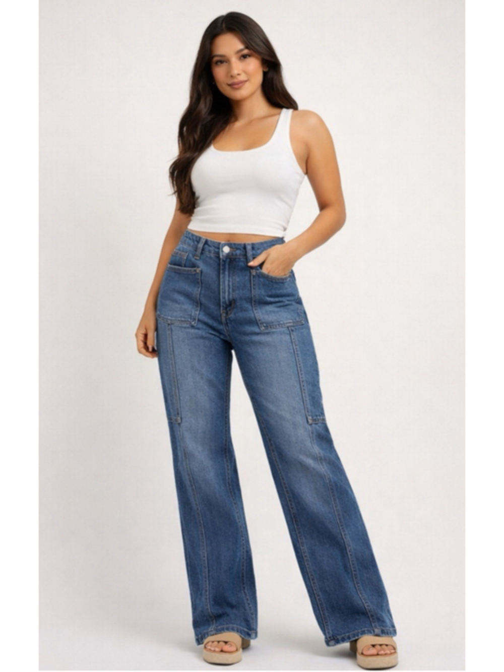 Flamingals High Waist Wide Leg Mid Blue Stretchy Women Jeans Size XS 28x29